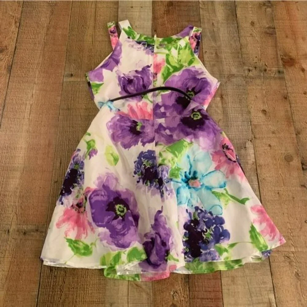 Children’s place girls tank top dress in white with purple flowers and belt -16 - Picture 7 of 8